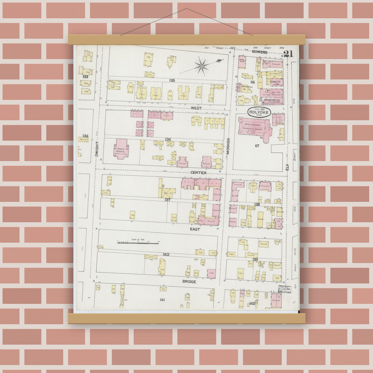 Old map wall art mockup — magnetic wood frame on brick wall — Sanborn Fire Insurance Map from Holyoke, Hampden County, Massachusetts (1889), Sheet #0021