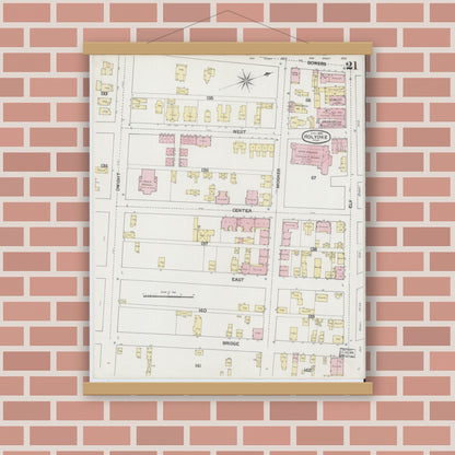 Old map wall art mockup — magnetic wood frame on brick wall — Sanborn Fire Insurance Map from Holyoke, Hampden County, Massachusetts (1889), Sheet #0021