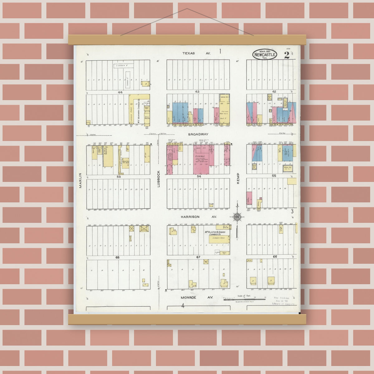 Old map wall art mockup — magnetic wood frame on brick wall — Sanborn Fire Insurance Map from Newcastle, Young County, Texas (1921), Sheet #0002