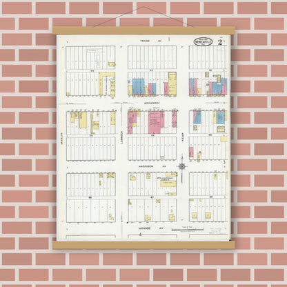 Old map wall art mockup — magnetic wood frame on brick wall — Sanborn Fire Insurance Map from Newcastle, Young County, Texas (1921), Sheet #0002