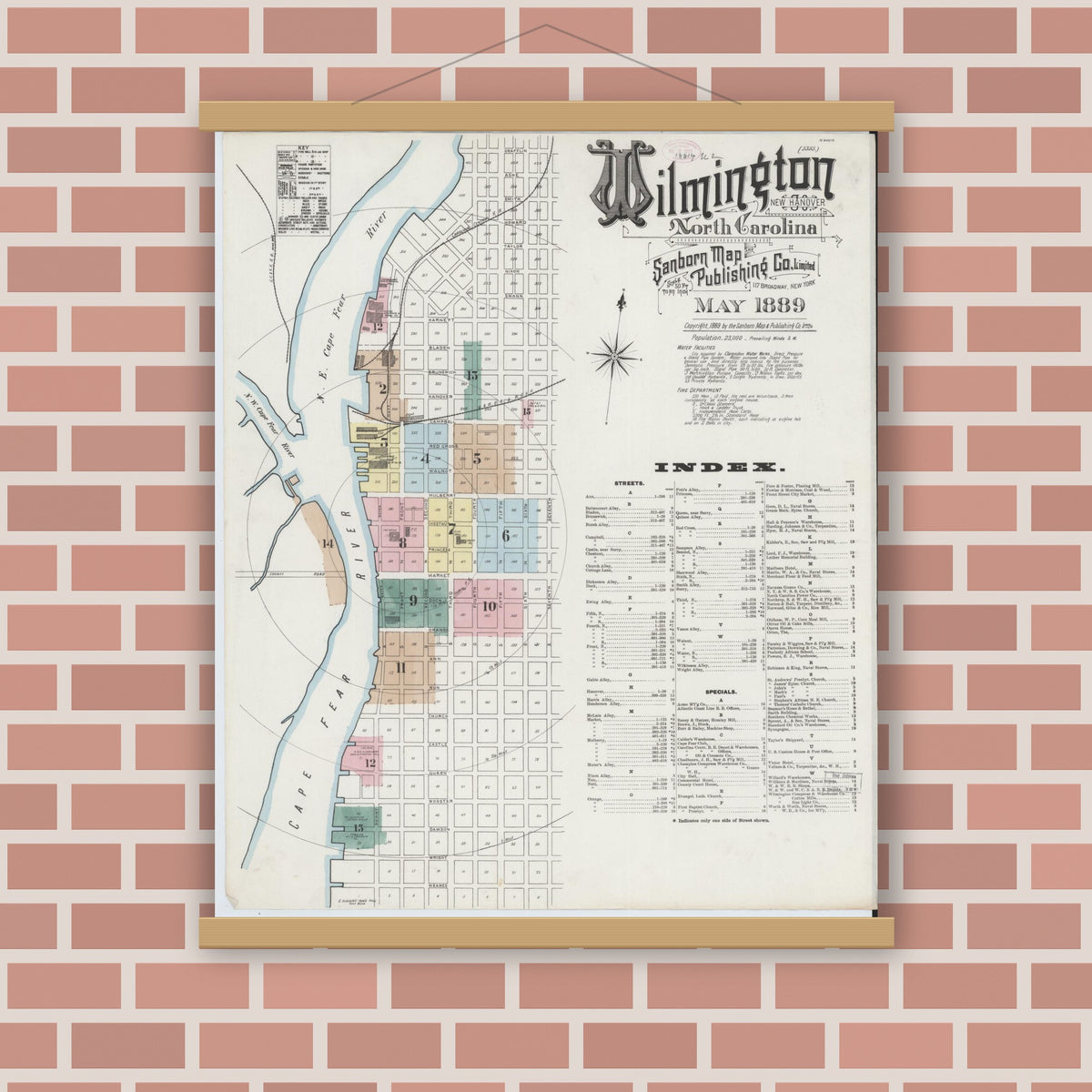 Old map wall art mockup — magnetic wood frame on brick wall — Sanborn Fire Insurance Map from Wilmington, New Hanover County, North Carolina (1889) - Complete Map Set