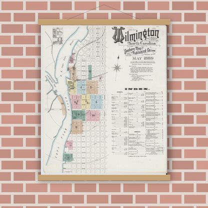 Old map wall art mockup — magnetic wood frame on brick wall — Sanborn Fire Insurance Map from Wilmington, New Hanover County, North Carolina (1889) - Complete Map Set