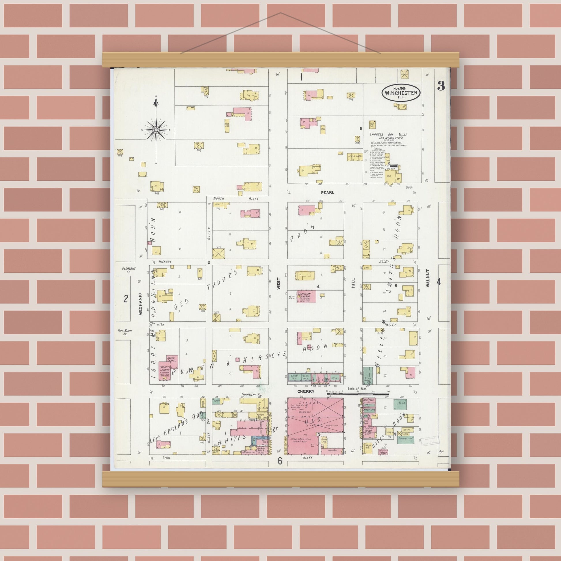 Old map wall art mockup — magnetic wood frame on brick wall — Sanborn Fire Insurance Map from Winchester, Scott County, Illinois (1906), Sheet #0003