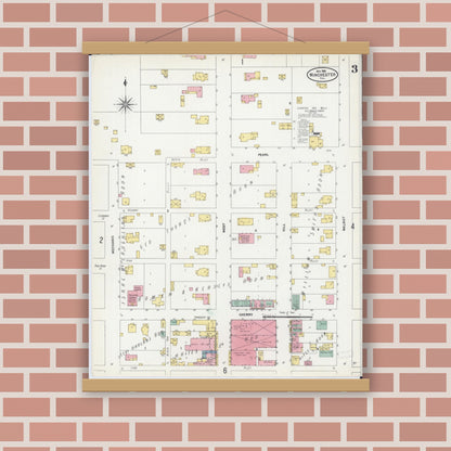 Old map wall art mockup — magnetic wood frame on brick wall — Sanborn Fire Insurance Map from Winchester, Scott County, Illinois (1906), Sheet #0003