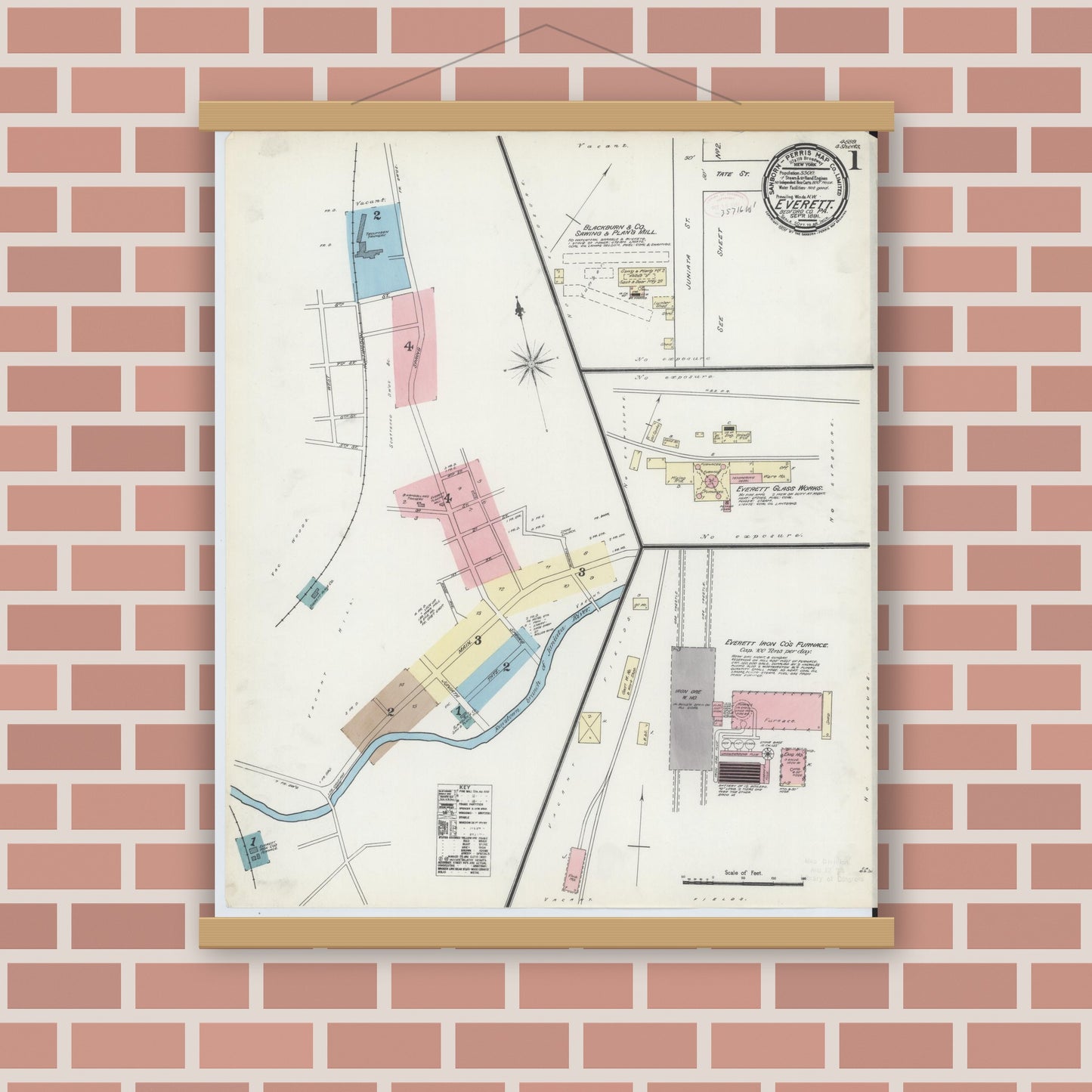 Old map wall art mockup — magnetic wood frame on brick wall — Sanborn Fire Insurance Map from Everett, Bedford County, Pennsylvania (1891) - Complete Map Set