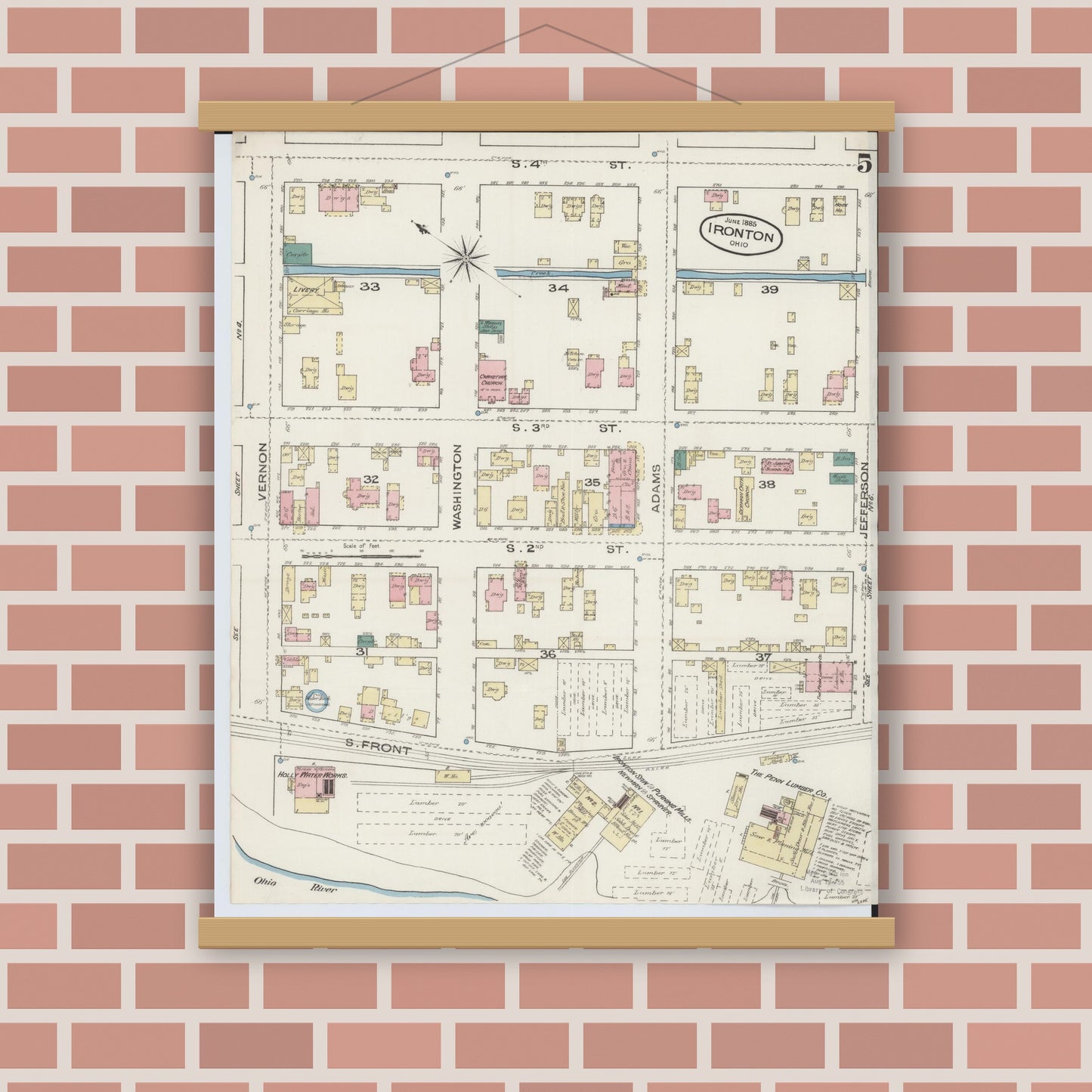 Old map wall art mockup — magnetic wood frame on brick wall — Sanborn Fire Insurance Map from Ironton, Lawrence County, Ohio (1885), Sheet #0005