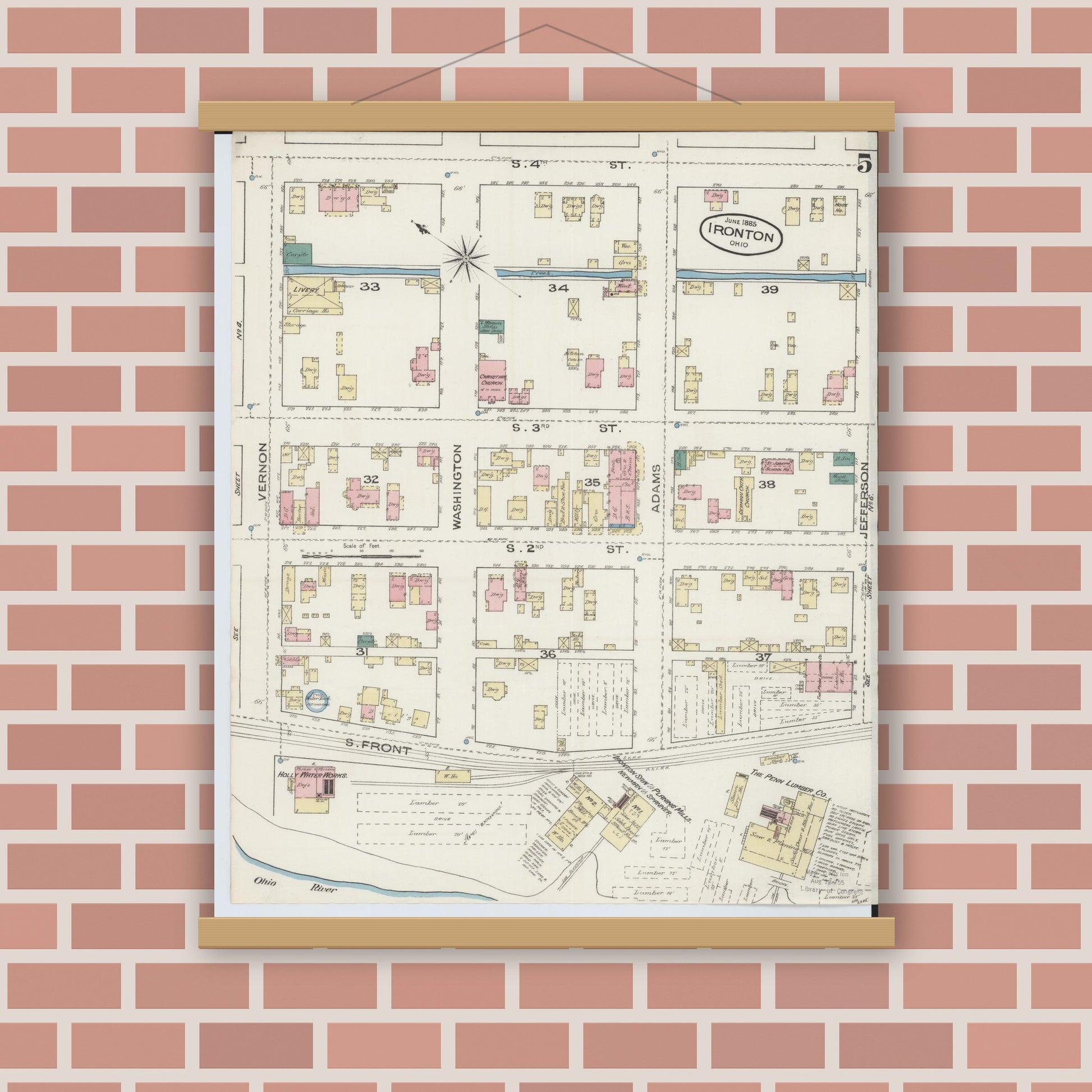 Old map wall art mockup — magnetic wood frame on brick wall — Sanborn Fire Insurance Map from Ironton, Lawrence County, Ohio (1885), Sheet #0005
