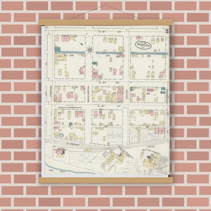 Old map wall art mockup — magnetic wood frame on brick wall — Sanborn Fire Insurance Map from Ironton, Lawrence County, Ohio (1885), Sheet #0005