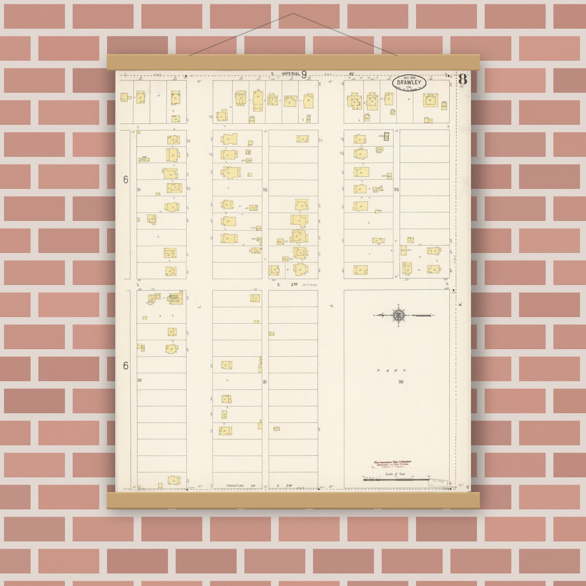Old map wall art mockup — magnetic wood frame on brick wall — Sanborn Fire Insurance Map from Brawley, Imperial County, California (1916), Sheet #0008