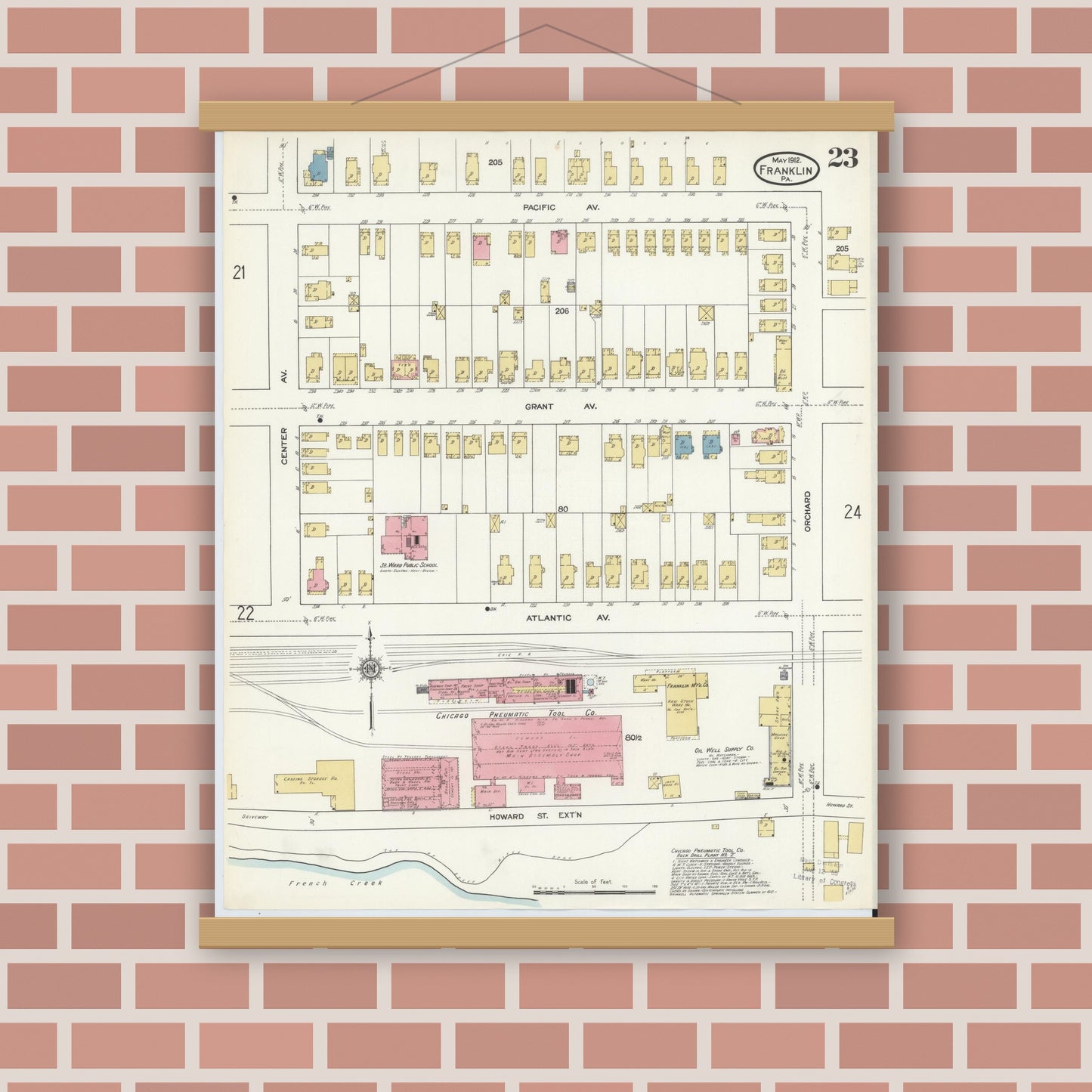 Old map wall art mockup — magnetic wood frame on brick wall — Sanborn Fire Insurance Map from Franklin, Venango County, Pennsylvania (1912), Sheet #0023