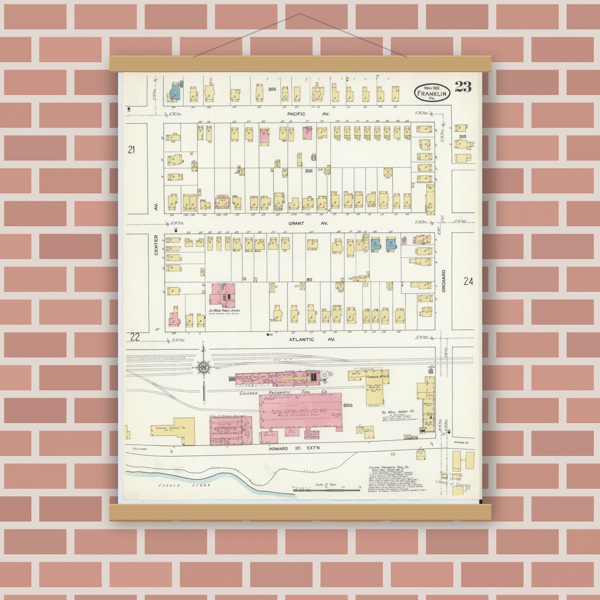 Old map wall art mockup — magnetic wood frame on brick wall — Sanborn Fire Insurance Map from Franklin, Venango County, Pennsylvania (1912), Sheet #0023