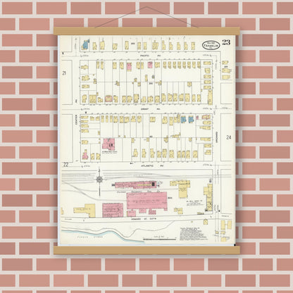 Old map wall art mockup — magnetic wood frame on brick wall — Sanborn Fire Insurance Map from Franklin, Venango County, Pennsylvania (1912), Sheet #0023