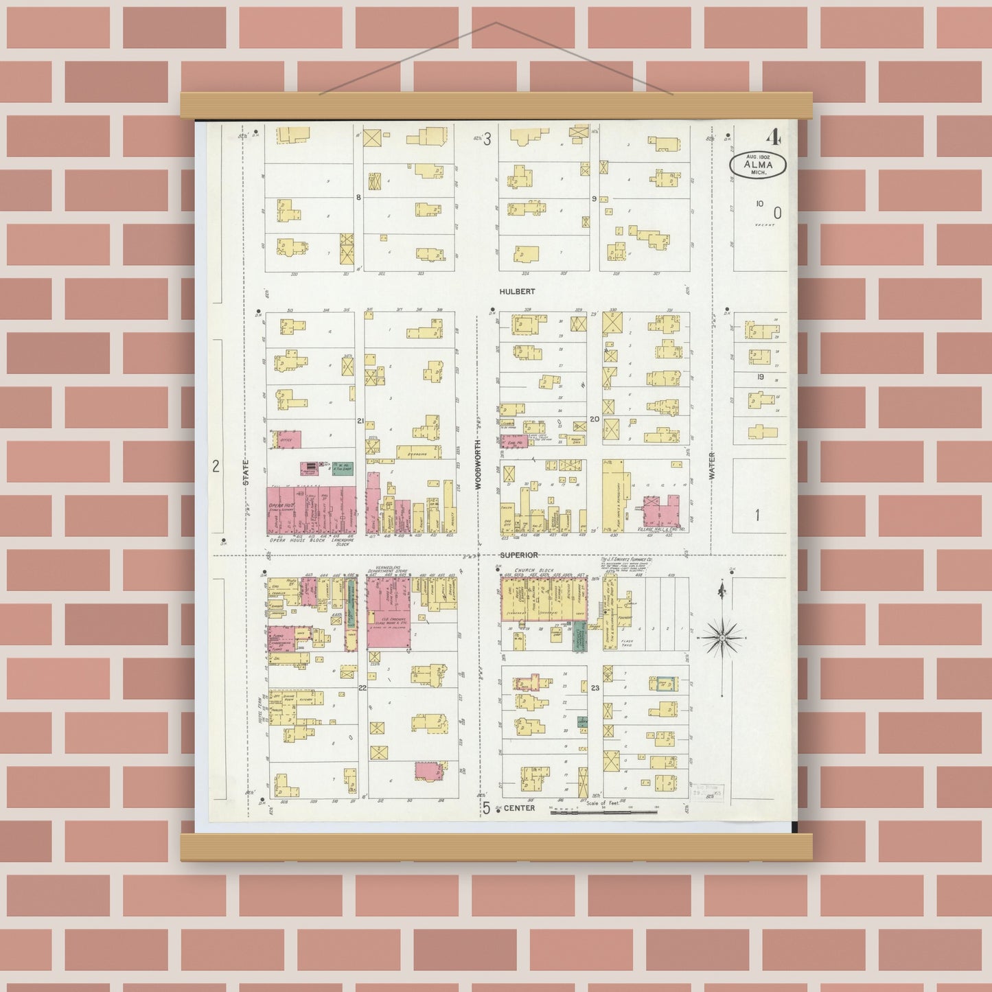 Old map wall art mockup — magnetic wood frame on brick wall — Sanborn Fire Insurance Map from Alma, Gratiot County, Michigan (1902), Sheet #0004