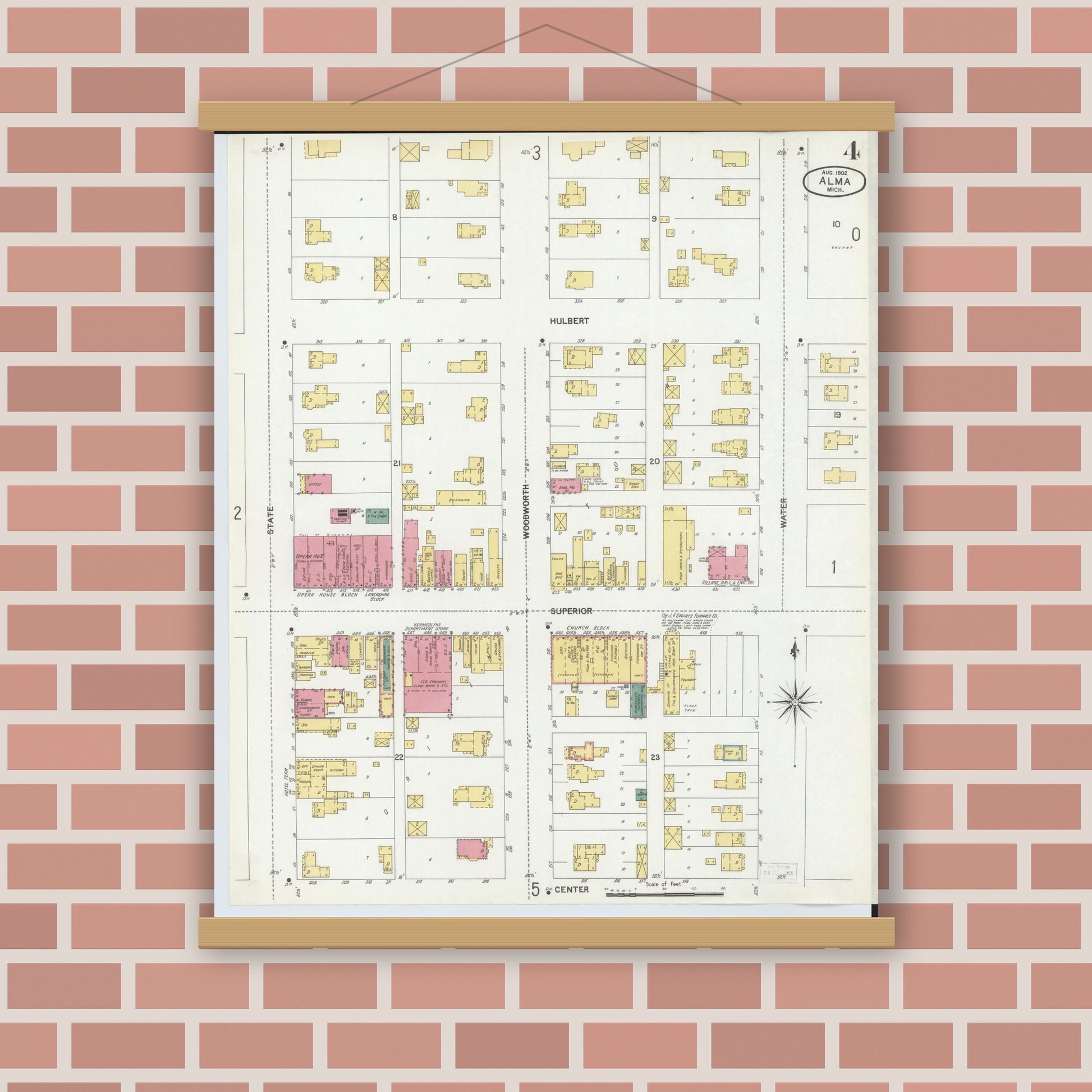 Old map wall art mockup — magnetic wood frame on brick wall — Sanborn Fire Insurance Map from Alma, Gratiot County, Michigan (1902), Sheet #0004