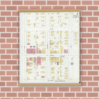 Old map wall art mockup — magnetic wood frame on brick wall — Sanborn Fire Insurance Map from Alma, Gratiot County, Michigan (1902), Sheet #0004