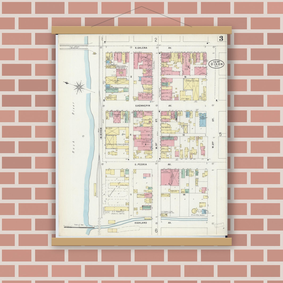 Old map wall art mockup — magnetic wood frame on brick wall — Sanborn Fire Insurance Map from Dixon, Lee County, Illinois (1897), Sheet #0003