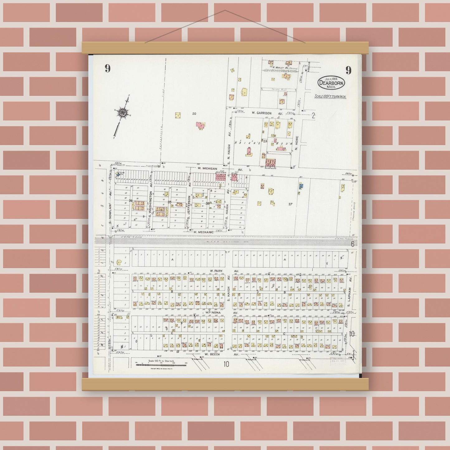 Old map wall art mockup — magnetic wood frame on brick wall — Sanborn Fire Insurance Map from Dearborn, Wayne County, Michigan (1924), Sheet #0009