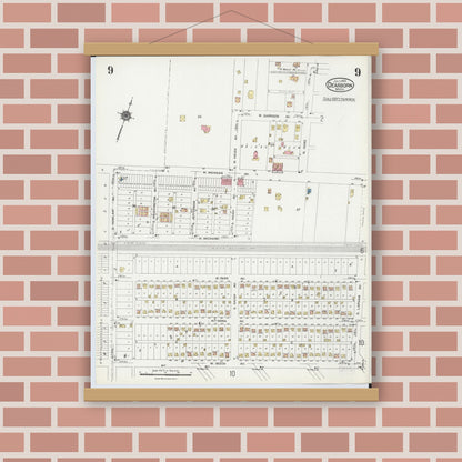 Old map wall art mockup — magnetic wood frame on brick wall — Sanborn Fire Insurance Map from Dearborn, Wayne County, Michigan (1924), Sheet #0009