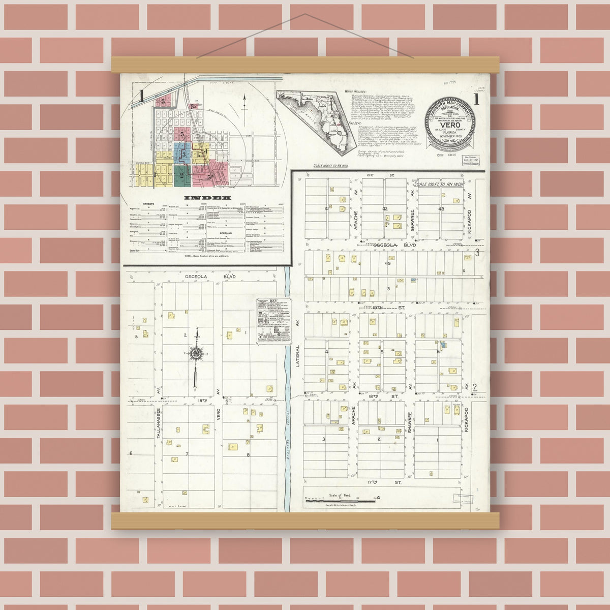 Old map wall art mockup — magnetic wood frame on brick wall — Sanborn Fire Insurance Map from Vero Beach, Indian River County, Florida (1923) - Complete Map Set