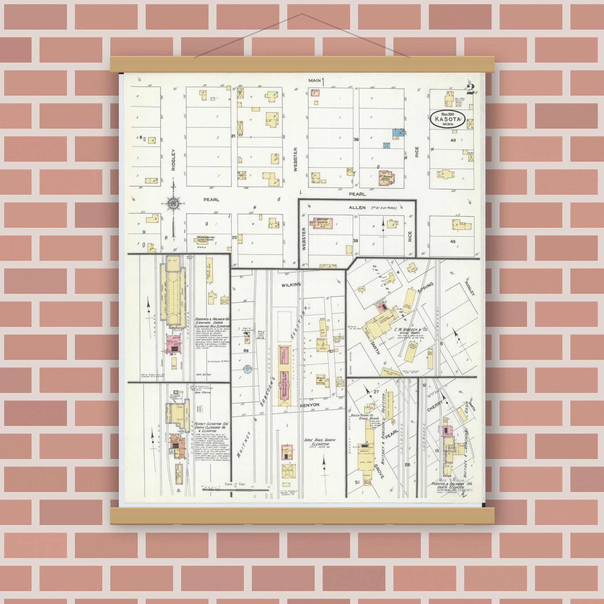 Old map wall art mockup — magnetic wood frame on brick wall — Sanborn Fire Insurance Map from Kasota, Le Sueur County, Minnesota (1910), Sheet #0002