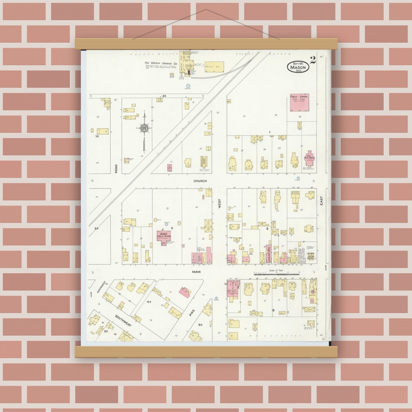 Old map wall art mockup — magnetic wood frame on brick wall — Sanborn Fire Insurance Map from Mason, Warren County, Ohio (1911), Sheet #0002
