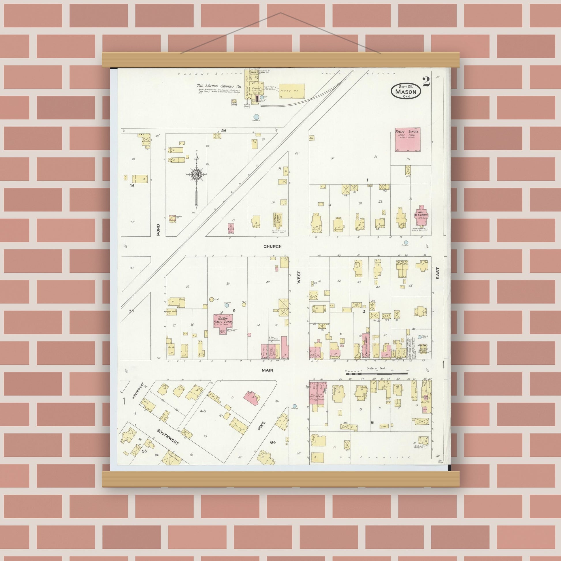 Old map wall art mockup — magnetic wood frame on brick wall — Sanborn Fire Insurance Map from Mason, Warren County, Ohio (1911), Sheet #0002