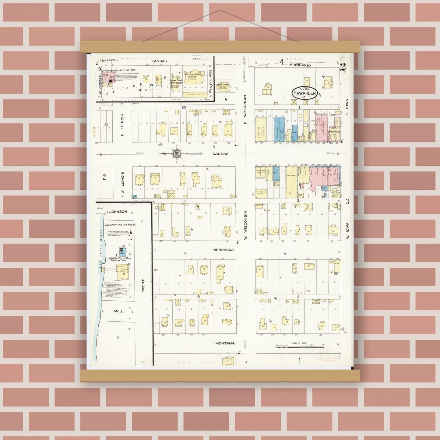 Old map wall art mockup — magnetic wood frame on brick wall — Sanborn Fire Insurance Map from Hawarden, Sioux County, Iowa (1914), Sheet #0002