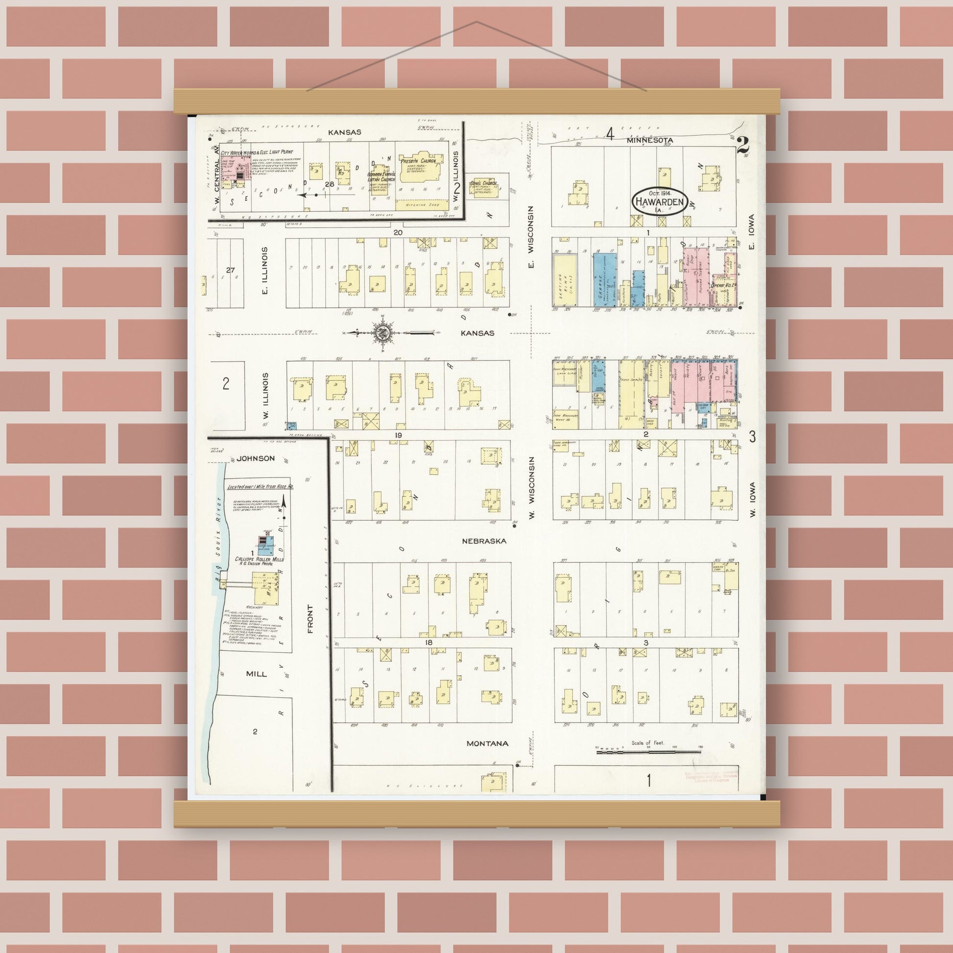 Old map wall art mockup — magnetic wood frame on brick wall — Sanborn Fire Insurance Map from Hawarden, Sioux County, Iowa (1914), Sheet #0002