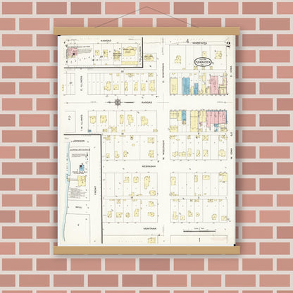 Old map wall art mockup — magnetic wood frame on brick wall — Sanborn Fire Insurance Map from Hawarden, Sioux County, Iowa (1914), Sheet #0002