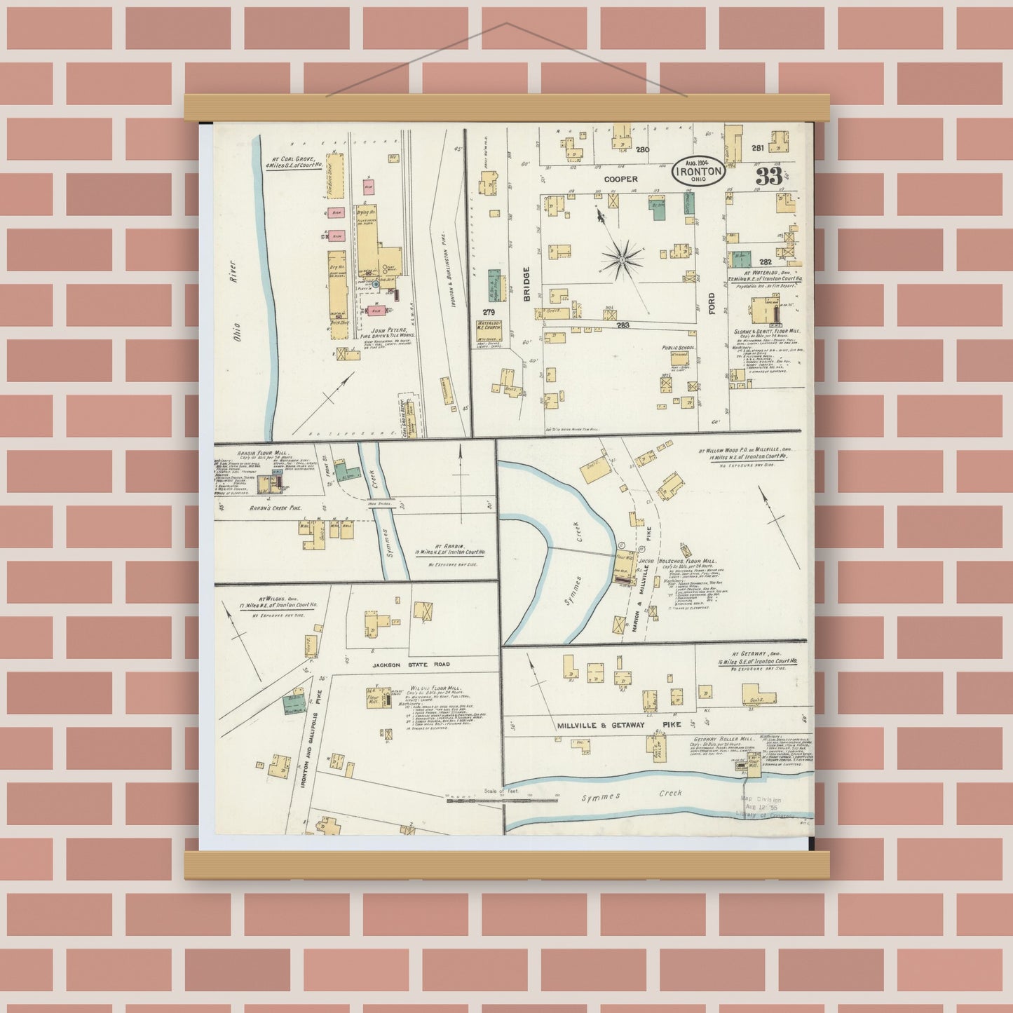 Old map wall art mockup — magnetic wood frame on brick wall — Sanborn Fire Insurance Map from Ironton, Lawrence County, Ohio (1904), Sheet #0033