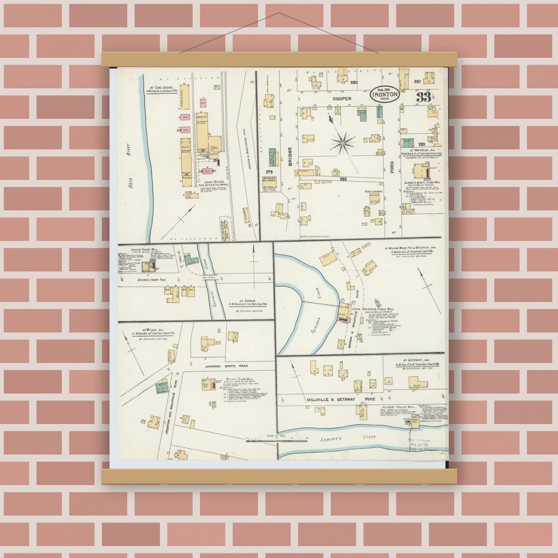 Old map wall art mockup — magnetic wood frame on brick wall — Sanborn Fire Insurance Map from Ironton, Lawrence County, Ohio (1904), Sheet #0033