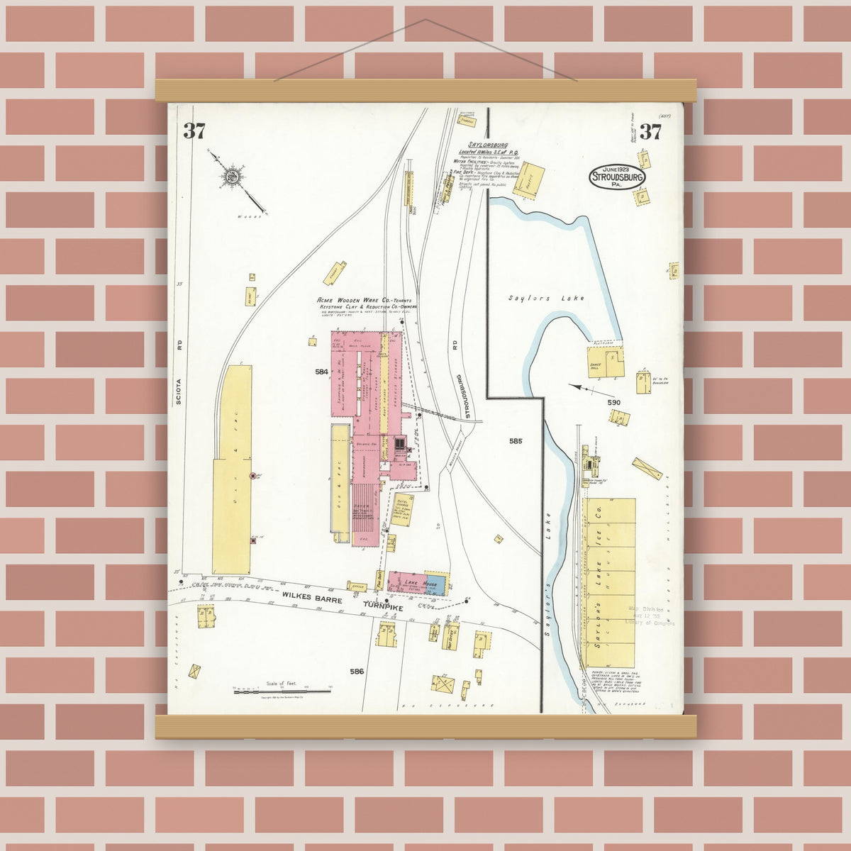 Old map wall art mockup — magnetic wood frame on brick wall — Sanborn Fire Insurance Map from Stroudsburg, Monroe County, Pennsylvania (1923), Sheet #0037