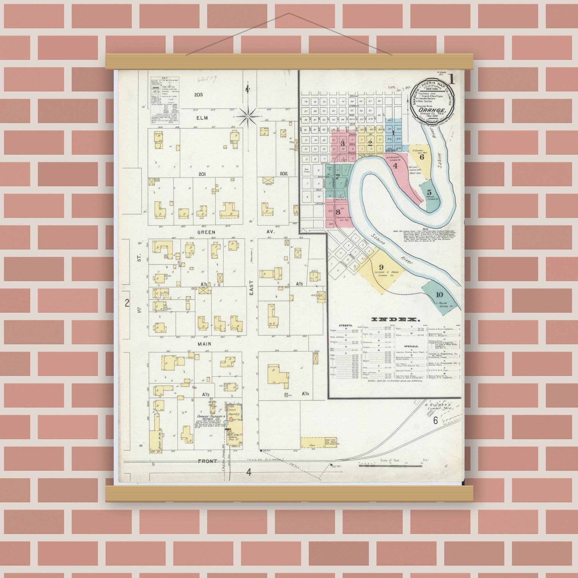 Old map wall art mockup — magnetic wood frame on brick wall — Sanborn Fire Insurance Map from Orange, Orange County, Texas (1896) - Complete Map Set