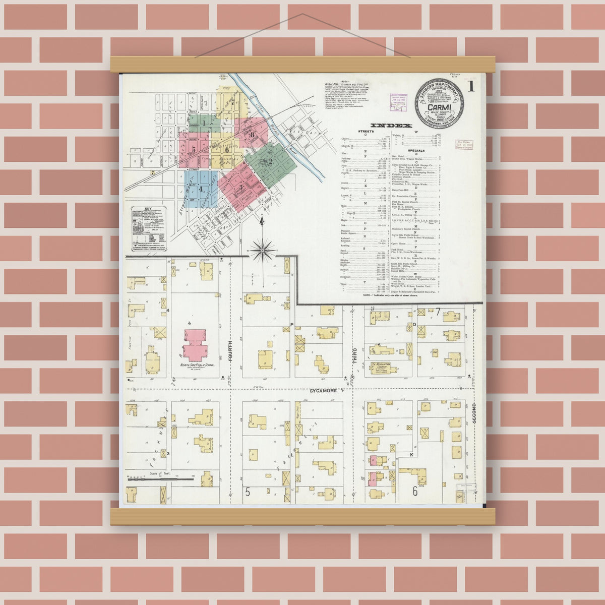 Old map wall art mockup — magnetic wood frame on brick wall — Sanborn Fire Insurance Map from Carmi, White County, Illinois (1906), Sheet #0001