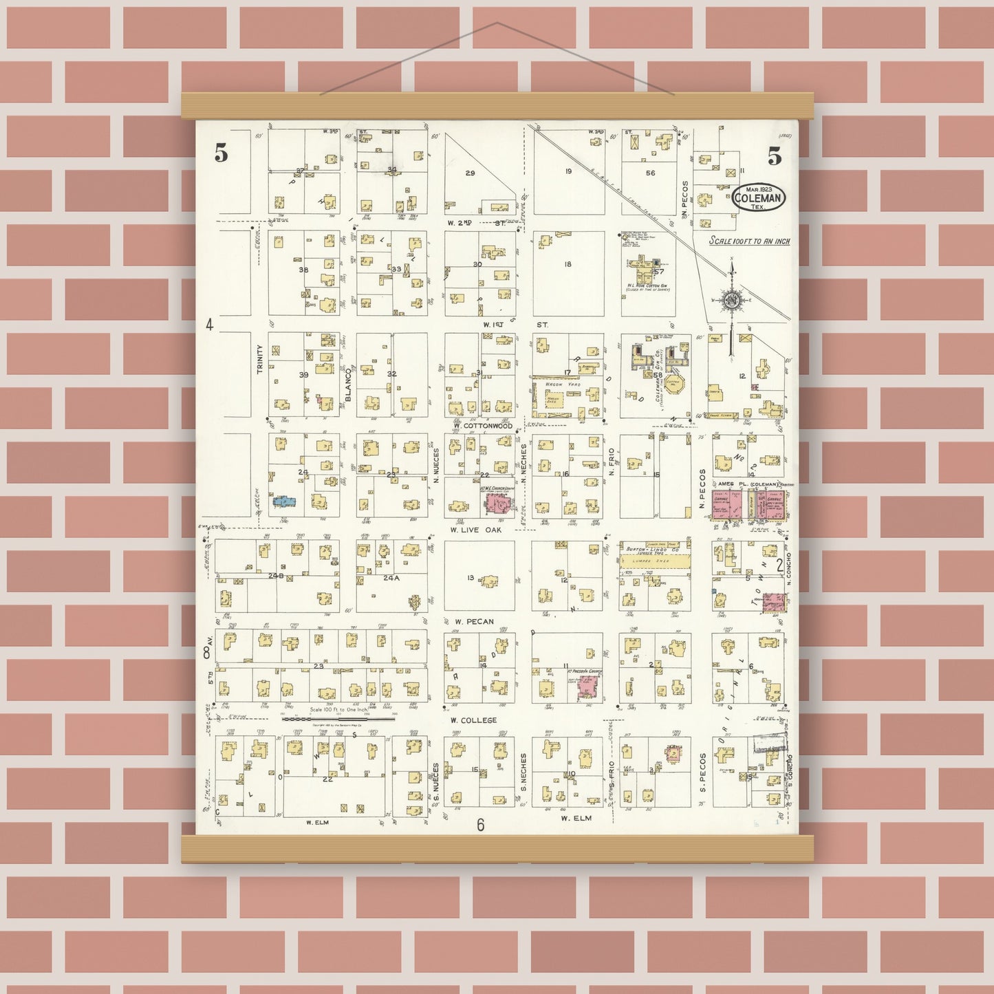 Old map wall art mockup — magnetic wood frame on brick wall — Sanborn Fire Insurance Map from Coleman, Coleman County, Texas (1923), Sheet #0005