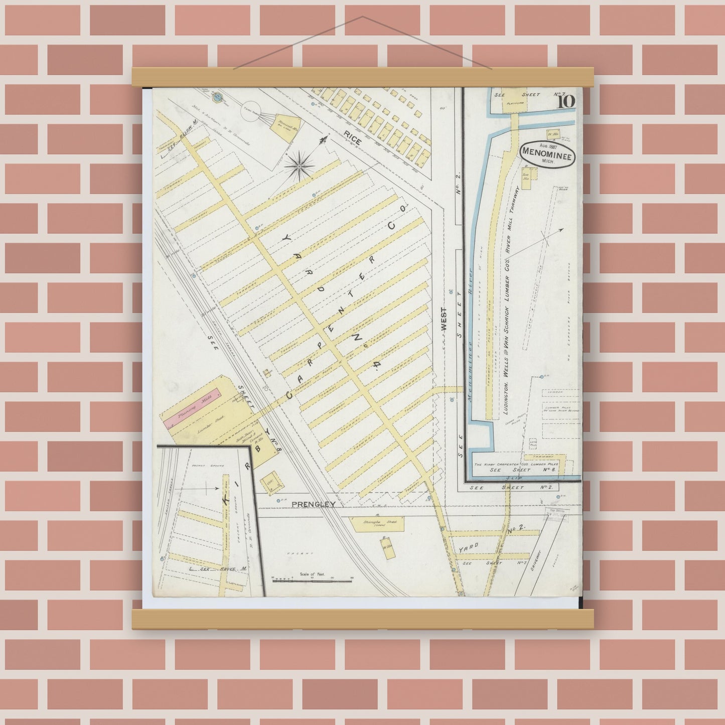 Old map wall art mockup — magnetic wood frame on brick wall — Sanborn Fire Insurance Map from Menominee, Menominee County, Michigan (1887), Sheet #0010