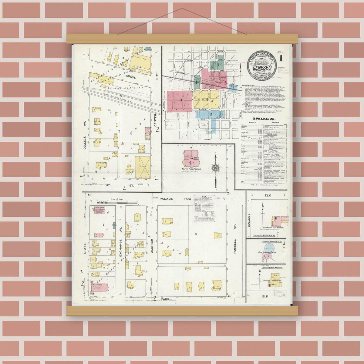 Old map wall art mockup — magnetic wood frame on brick wall — Sanborn Fire Insurance Map from Geneseo, Henry County, Illinois (1909), Sheet #0001