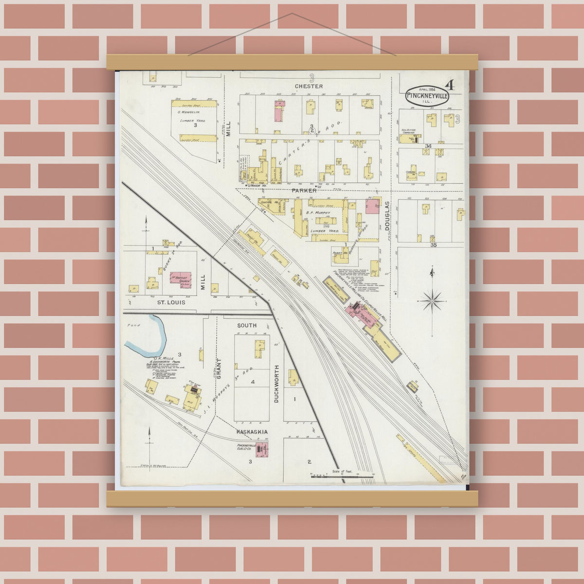 Old map wall art mockup — magnetic wood frame on brick wall — Sanborn Fire Insurance Map from Pinckneyville, Perry County, Illinois (1894), Sheet #0004
