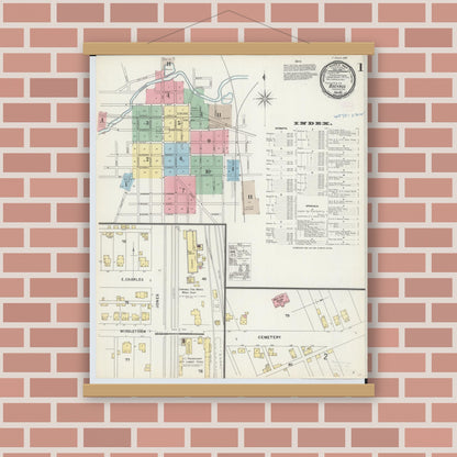Old map wall art mockup — magnetic wood frame on brick wall — Sanborn Fire Insurance Map from Bucyrus, Crawford County, Ohio (1897), Sheet #0001