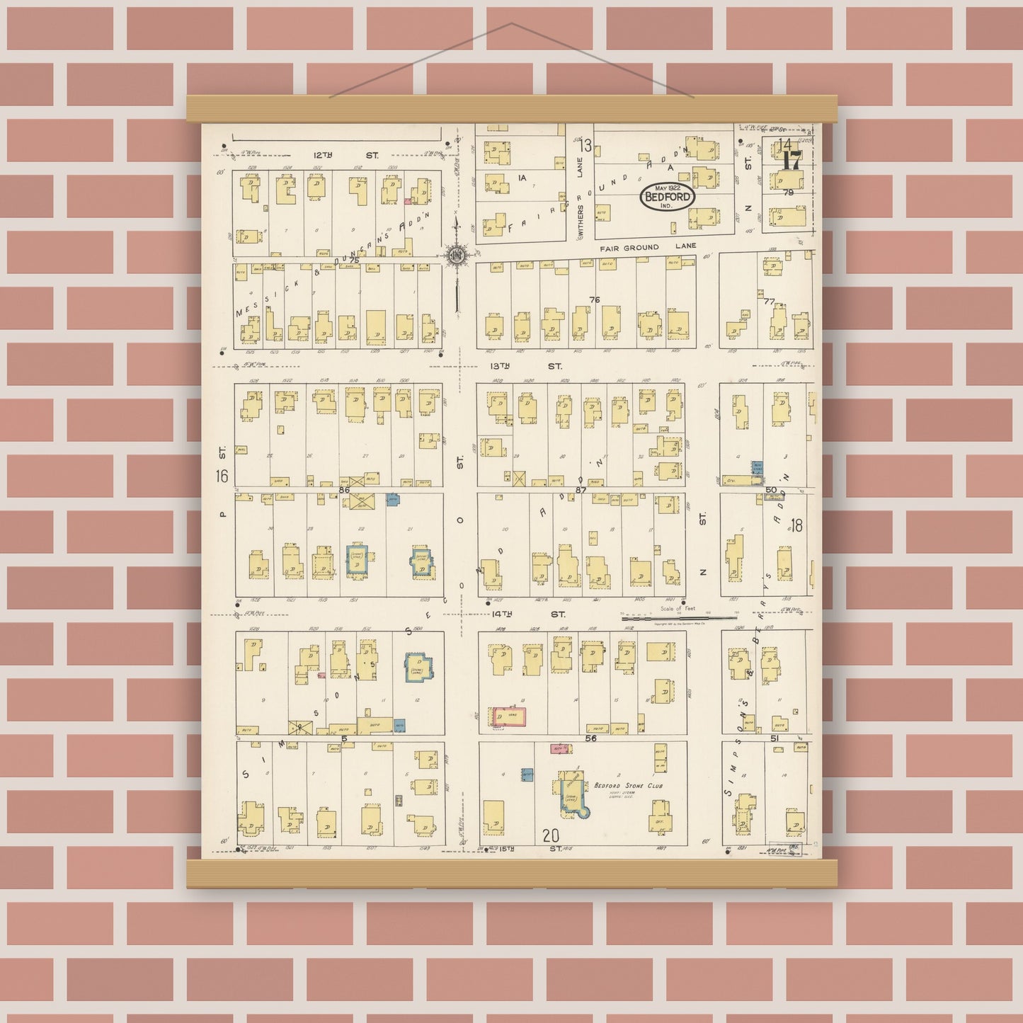 Old map wall art mockup — magnetic wood frame on brick wall — Sanborn Fire Insurance Map from Bedford, Lawrence County, Indiana (1922), Sheet #0017