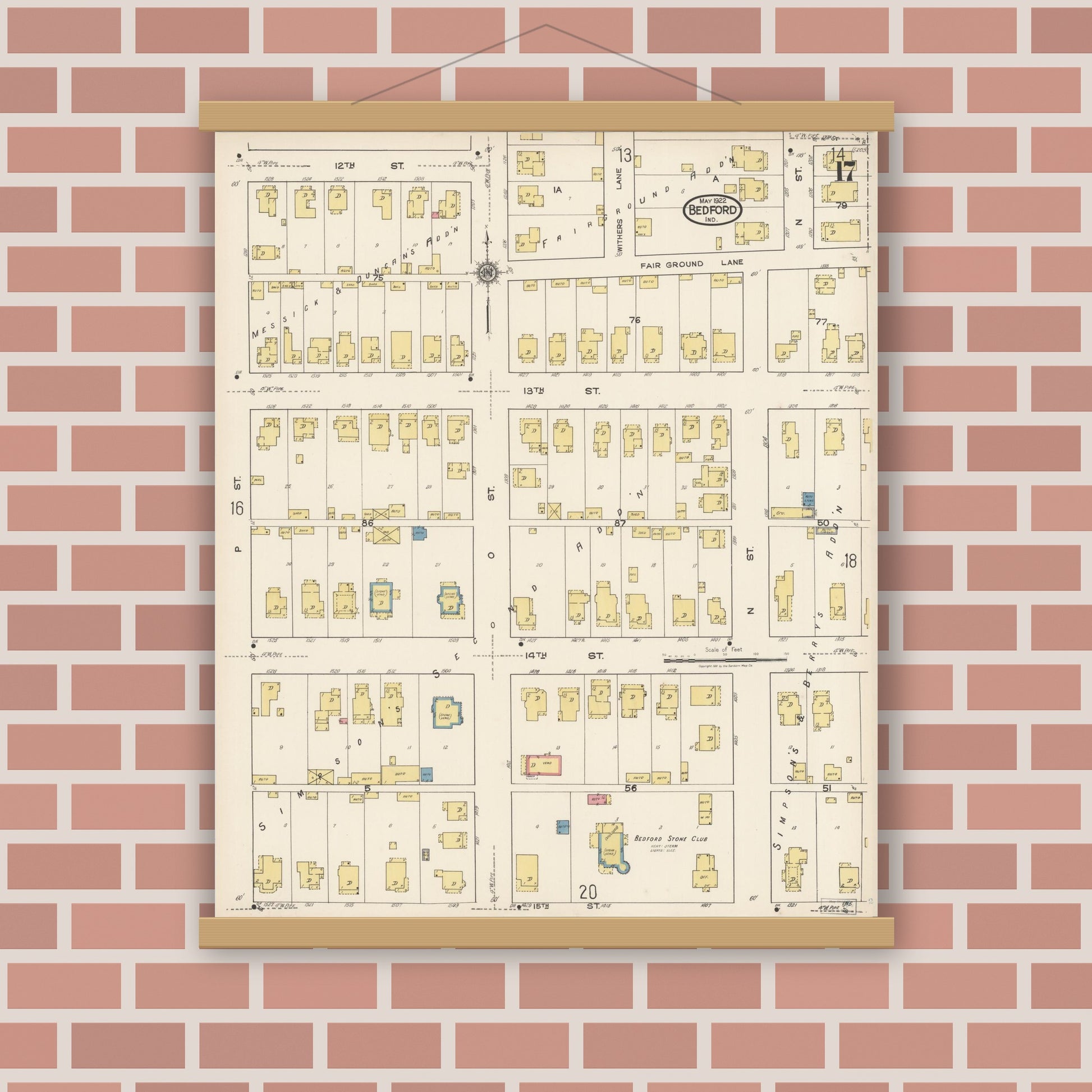 Old map wall art mockup — magnetic wood frame on brick wall — Sanborn Fire Insurance Map from Bedford, Lawrence County, Indiana (1922), Sheet #0017