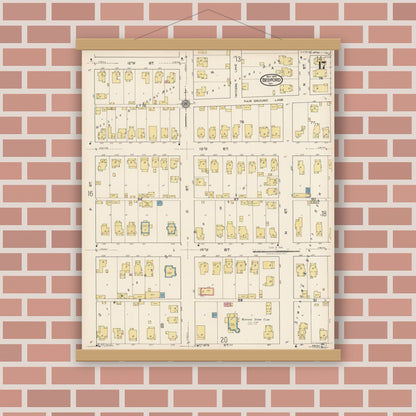 Old map wall art mockup — magnetic wood frame on brick wall — Sanborn Fire Insurance Map from Bedford, Lawrence County, Indiana (1922), Sheet #0017