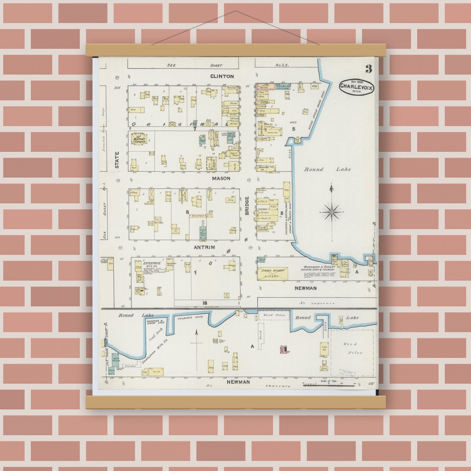 Old map wall art mockup — magnetic wood frame on brick wall — Sanborn Fire Insurance Map from Charlevoix, Charlevoix County, Michigan (1890), Sheet #0003