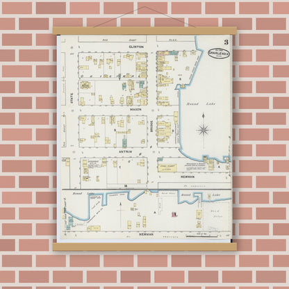 Old map wall art mockup — magnetic wood frame on brick wall — Sanborn Fire Insurance Map from Charlevoix, Charlevoix County, Michigan (1890), Sheet #0003