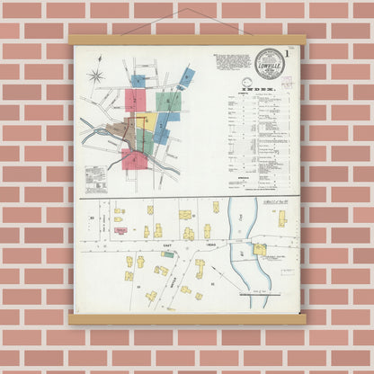 Old map wall art mockup — magnetic wood frame on brick wall — Sanborn Fire Insurance Map from Lowville, Lewis County, New York (1902) - Complete Map Set
