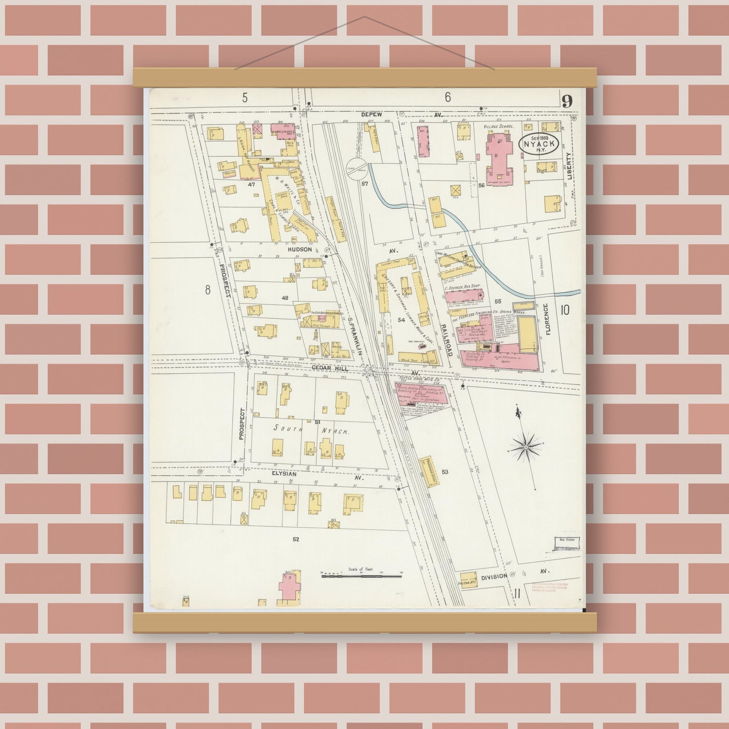 Old map wall art mockup — magnetic wood frame on brick wall — Sanborn Fire Insurance Map from Nyack, Rockland County, New York. (1903), Sheet #0009