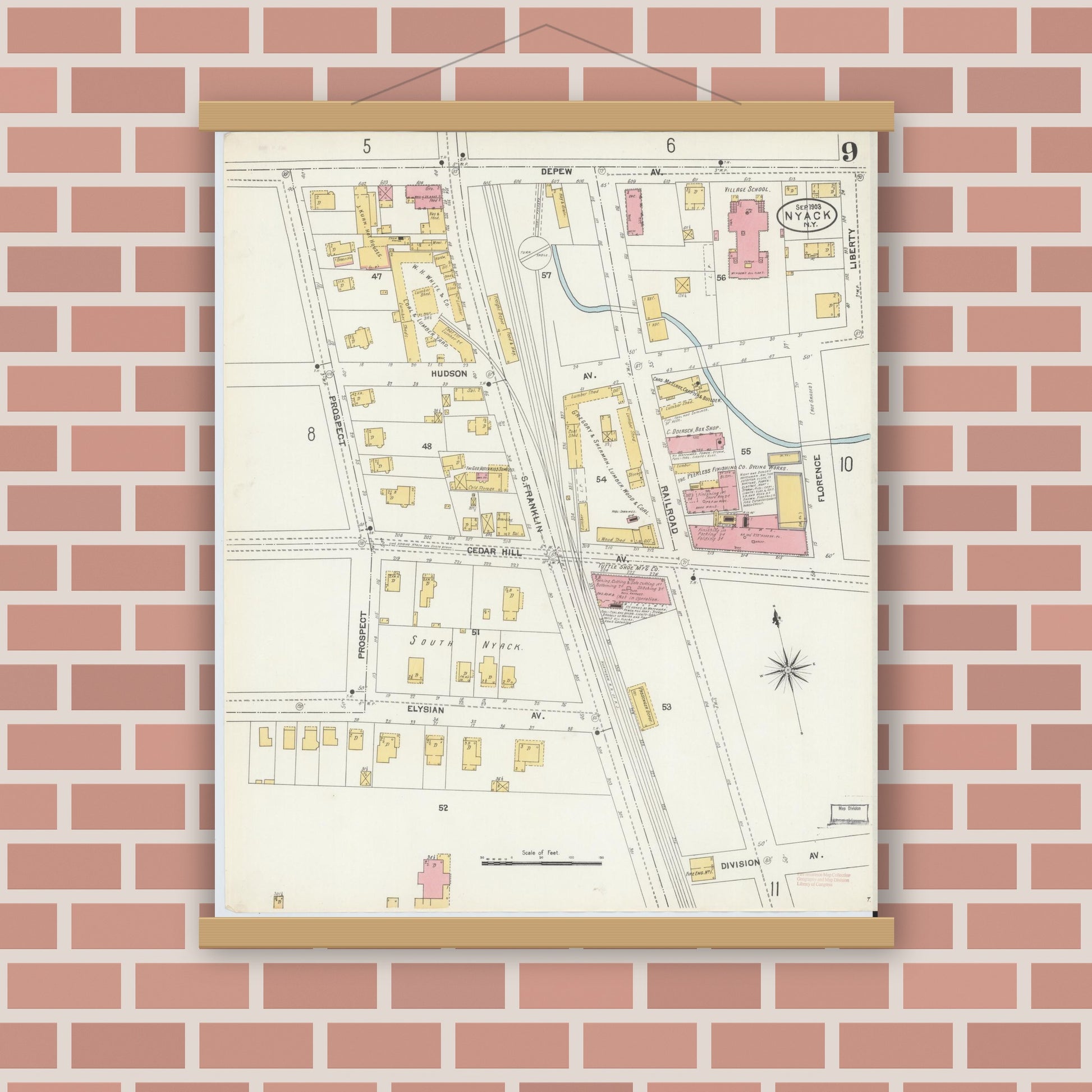 Old map wall art mockup — magnetic wood frame on brick wall — Sanborn Fire Insurance Map from Nyack, Rockland County, New York. (1903), Sheet #0009