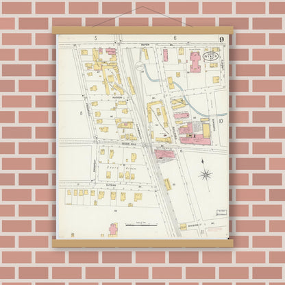 Old map wall art mockup — magnetic wood frame on brick wall — Sanborn Fire Insurance Map from Nyack, Rockland County, New York. (1903), Sheet #0009