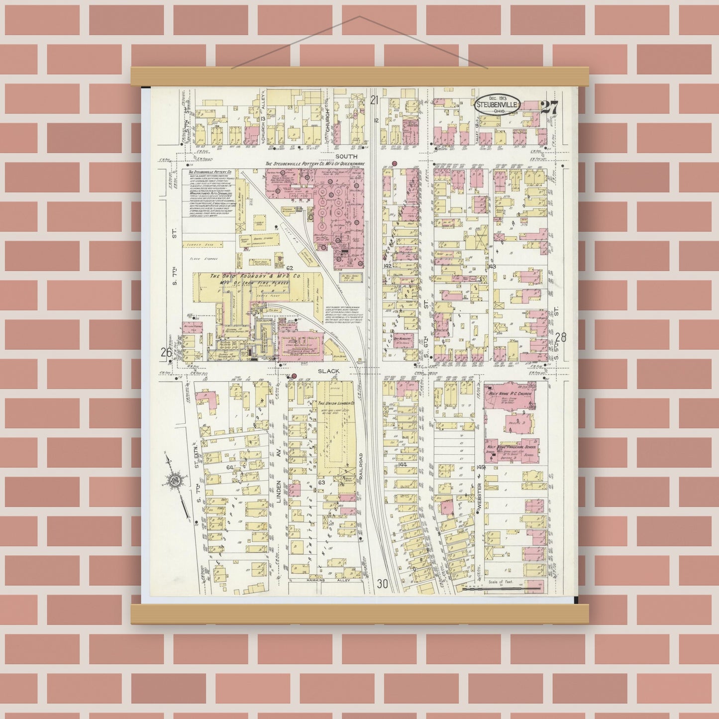 Old map wall art mockup — magnetic wood frame on brick wall — Sanborn Fire Insurance Map from Steubenville, Jefferson County, Ohio (1913), Sheet #0027
