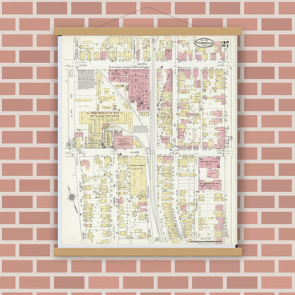 Old map wall art mockup — magnetic wood frame on brick wall — Sanborn Fire Insurance Map from Steubenville, Jefferson County, Ohio (1913), Sheet #0027